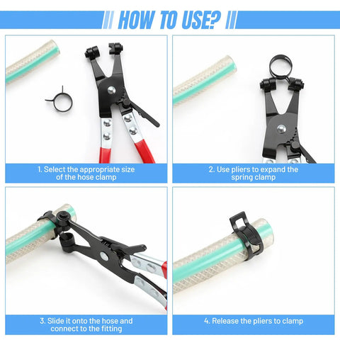 Steps to use 400-Piece Spring Hose Clamp Set 6-35mm With Pliers, four images showing selection, expansion, connection, and release.