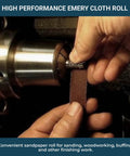 1X150FT Emery Cloth Sandpaper Roll Aluminum Oxide 180 Grit used for sanding metal and wood, showing hands working with the roll.