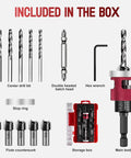 7-Piece Countersink Drill Bit Set With M2 HSS And 1/4-Inch Hex Shank contents including bits, wrench, and storage box