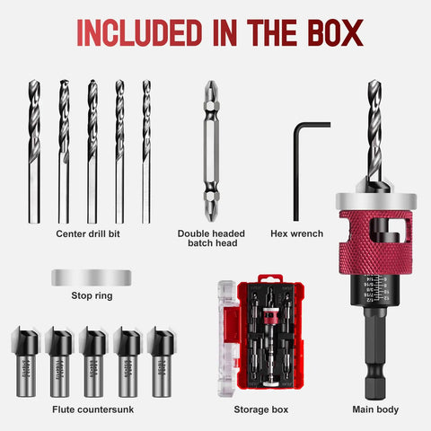 7-Piece Countersink Drill Bit Set With M2 HSS And 1/4-Inch Hex Shank contents including bits, wrench, and storage box