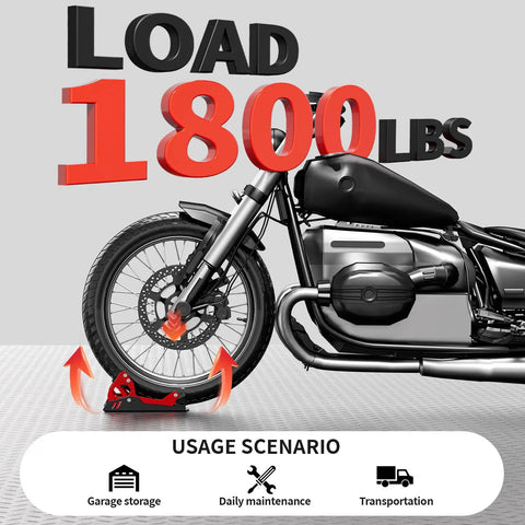 Side view of a motorcycle secured by a Universal Motorcycle Wheel Chock For Transport, Go To Front Tire Stand, 1800 lb capacity.