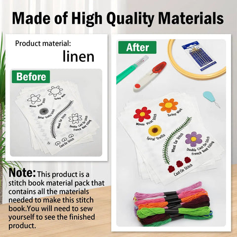 Upgraded Embroidery Stitch Book Kit With 106 Patterns showing before and after embroidery designs with colored threads and tools.