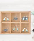 Six Compartment Pine Wood Jewelry Tray, Rustic Desktop Catch All For Rings And Necklaces, Chic Divided Organizer with earrings in compartments.