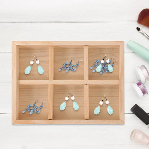 Six Compartment Pine Wood Jewelry Tray, Rustic Desktop Catch All For Rings And Necklaces, Chic Divided Organizer with earrings in compartments.