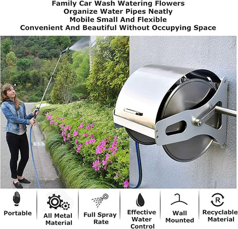 Smooth As Butter Wall Mounted Retractable Garden Hose Reel With Heavy Duty Stainless Steel Cart For Easy 30 Meter Storage Totally Legit Heavy Build, showcased with woman watering flowers.