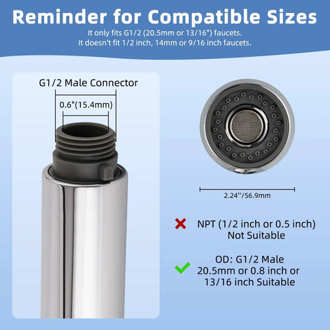 Diagram showing measurements and size compatibility of Pull Out Sink Sprayer Head Replacement With Two Spray Modes For Kitchen Faucets.