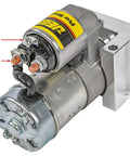 Plug And Play No Sweat Electric Starter For Chevy Small Block Big Block V6 Motors With 168 Tooth Flywheel Direct Fit showing M4 and M8 connections.