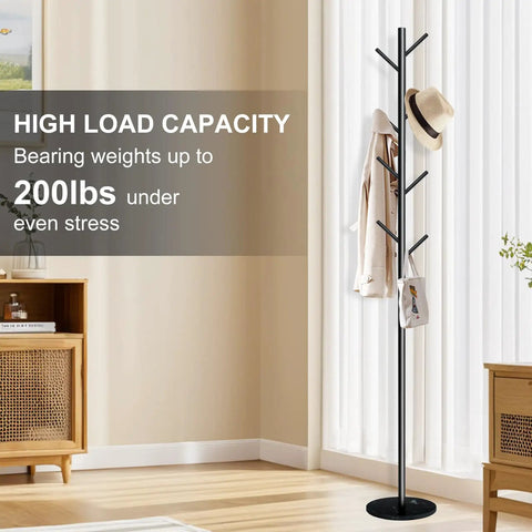 Freestanding Coat Rack With Marble Base And Eight Heavy Duty Hooks, Slim Space Saver for bedroom corner, supporting hats and coats