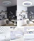 Ceiling Fans With Lights Remote Control 18 Inch Bladeless Modern Flush Mount LED Fan in white, installed in a living room.