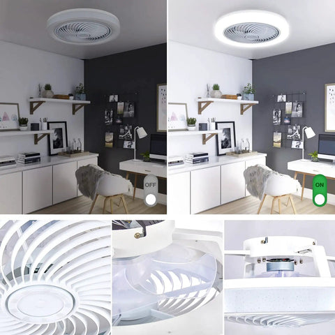 Ceiling Fans With Lights Remote Control 18 Inch Bladeless Modern Flush Mount LED Fan in white, installed in a living room.