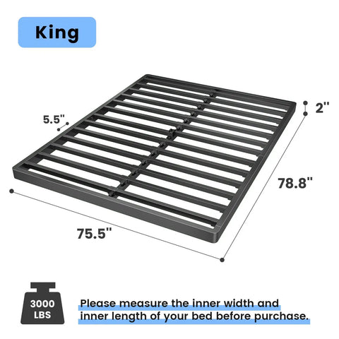 Heavy Duty King Box Spring 2 Inch Low Profile Metal Bed Base Featuring Dense Steel Slats That Support Up To 3000 Pounds dimensions 78.8x75.5 inches