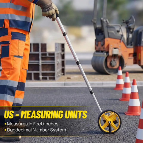 Zozen 6-Inch Measuring Wheel in Feet and Inches, Extended Telescopic Handle measuring distances on a construction site.