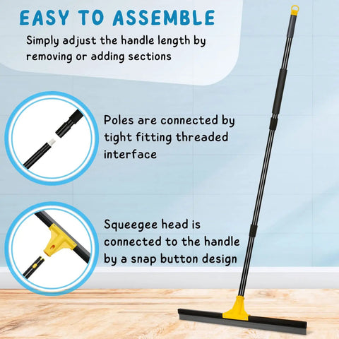 Built Tough 24 Inch Floor Squeegee With 60 Inch Extendable Handle for Concrete and Tile Floors, shown with assembly instructions