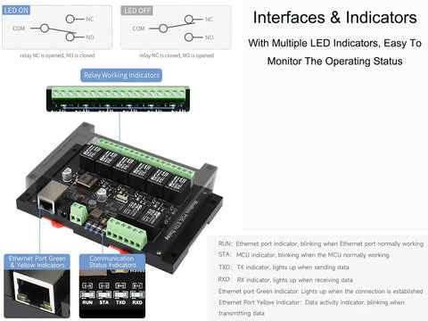 8-Channel Ethernet Relay Module with Modbus RTU TCP Protocol, PoE Powered, with LED indicators and industrial connectors.