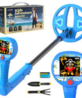 Front view of DR.ÖTEK Kids Adventure Detector metal detector kit with blue coil, LCD display, and two digging tools