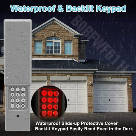 Waterproof keyless wireless garage door keypad with backlit keys, slide-up cover, works with Chamberlain LiftMaster Craftsman openers