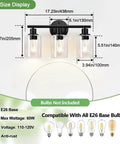 Size display of Three Light Matte Black Bathroom Vanity Light Fixtures With Clear Glass Shades, compatible with E26 bulbs.