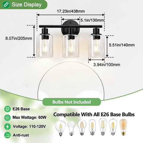 Size display of Three Light Matte Black Bathroom Vanity Light Fixtures With Clear Glass Shades, compatible with E26 bulbs.