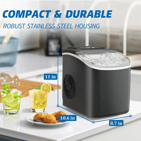 Portable Countertop Ice Maker For Home Use Produces Bullet Ice In Just 6 Minutes Up To 26 Lbs Per Day Self Cleaning Two Ice Sizes Includes Scoop And Basket Party Ready For Kitchen Bar Or Camping stainless steel on counter