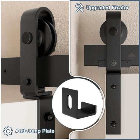 40 Inch Bifold Barn Door Hardware Kit For Two Doors With Heavy Duty Side Mounted Rollers For Smooth Sliding Fits Double 18 Inch Bifold Door Panels Space Saving Folding Solution Doors Not Included showing close-up details of upgraded fixator and anti-jump plate.