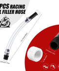 4 Piece Racing Fuel Jug Cap Kit With 2 Caps And 2 Hoses For 5 Gallon Gas Cans, hose dimensions on red background.
