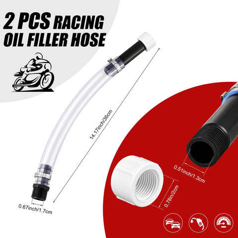 4 Piece Racing Fuel Jug Cap Kit With 2 Caps And 2 Hoses For 5 Gallon Gas Cans, hose dimensions on red background.