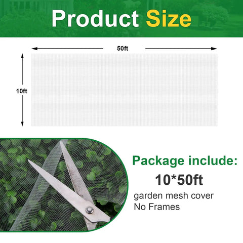 Ultra Fine Garden Netting 10x50ft Insect Barrier For Raised Beds And Crops, Mosquito And Bird Protection, shows mesh size and dimensions