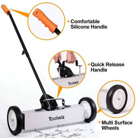 18 Inch Magnetic Sweeper With 26 Lbs Pull Rolling Wheels And Telescoping Extension Handle For Quick Debris Release Heavy Duty Metal Pickup Tool