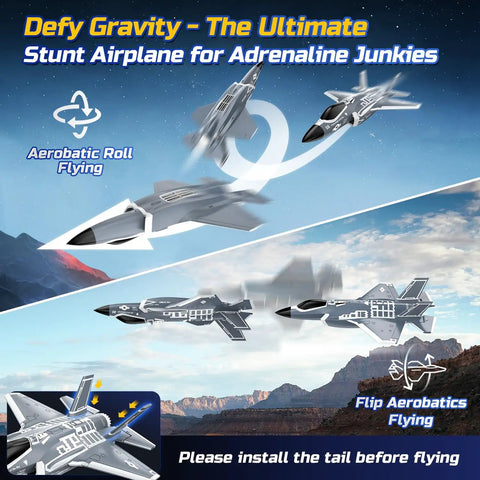 F35 4 Channel Brushless RC Plane With 7400KV Motor EDF Ducted Fan showcasing aerobatic roll and flip flying maneuvers.
