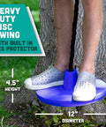 Heavy Duty Plastic Disc Swing With Rope And Leg Protectors For Outdoor Play Sets Add Ons And Replacements Durable Backyard Swing Equipment In Blue Great For Backyards Parks And Daycare Use shown hanging from a tree with child standing on blue disc.