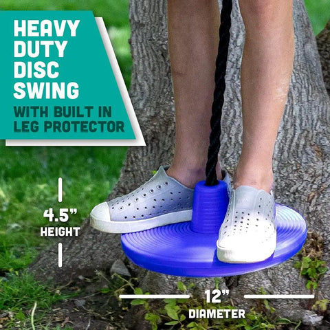 Heavy Duty Plastic Disc Swing With Rope And Leg Protectors For Outdoor Play Sets Add Ons And Replacements Durable Backyard Swing Equipment In Blue Great For Backyards Parks And Daycare Use shown hanging from a tree with child standing on blue disc.