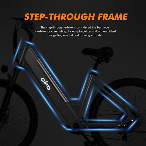 Cityone 26 Inch Electric Bike for Adults With 750W Peak Power, Step Through Frame detail, black city comfort cruiser