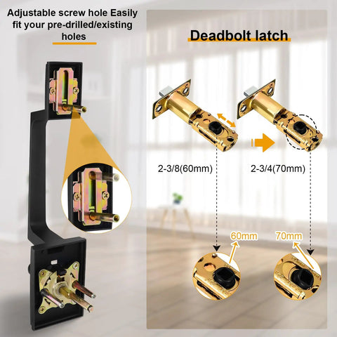 Matte Black Front Door Handle Set with reversible lever showing adjustable screw hole and deadbolt latch dimensions.