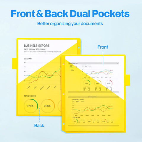Eight Tab Dividers With Pockets For 3 Ring Binder Dual Pocket Subject Dividers Letter Size 8.5x11 with transparent charts inside.