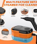 Heavy Duty Portable Handheld Steam Cleaner For Home And Auto Fast Fifteen Second Heat Up With Massive Water Tank And Sixteen Versatile Tips. Image showing gear display and top water inlet.