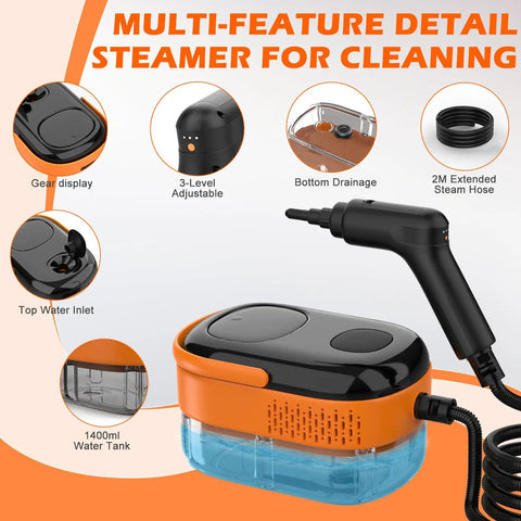 Heavy Duty Portable Handheld Steam Cleaner For Home And Auto Fast Fifteen Second Heat Up With Massive Water Tank And Sixteen Versatile Tips. Image showing gear display and top water inlet.