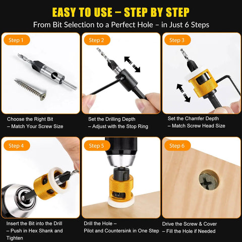 Step-by-step guide for using Go To Countersink Drill Bit Set With Low Friction Depth Stop And Replaceable HSS Pilot Bits