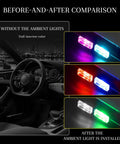 Before and after of USB LED Car Interior Ambient Lighting Kit With Six Colors Portable Mini Plug In Night Light installation.