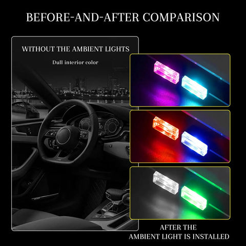 Before and after of USB LED Car Interior Ambient Lighting Kit With Six Colors Portable Mini Plug In Night Light installation.