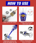 Four-panel guide for blue and red thread locker usage showing bolts, nuts, bottle, and applicator.