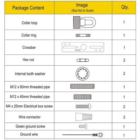 Black light fixture crossbar kit; canopy hardware with collar loop, crossbar, nuts, washers, pipes, screws, ground.