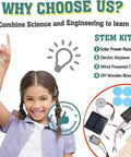 Excited child pointing next to Solar Car STEM Kit for Kids Aged 8 9 10 12 14 with project list and components.