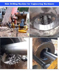 EQCOTWEA 110V portable line boring machine with 4.9 ft alloy boring bar, mounted for excavator repair.