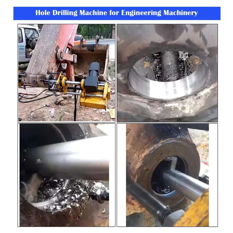 EQCOTWEA 110V portable line boring machine with 4.9 ft alloy boring bar, mounted for excavator repair.