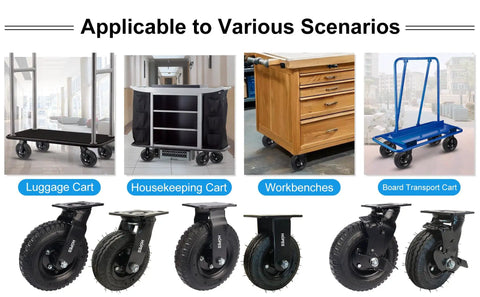 Built Tough 8 Inch Heavy Duty Pneumatic Casters Set Of Four With Two Swivel And Two Rigid Wheels shown on various utility carts.