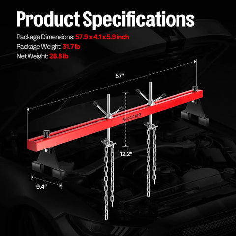 1100 Lb Engine Support Bar Transverse Hoist For Heavy Duty Engine Lifts Durable Thickened Steel With Double Beam Rust Proof Coating Resists Oil And Corrosion Wide Compatibility Across Most Vehicles And Small Engines, 57-inch red steel bar with chains