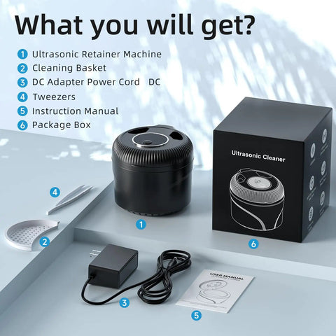 Premium Ultrasonic Retainer Cleaner Machine, 45KHz Dental Pod components including cleaner, basket, manual, and accessories.