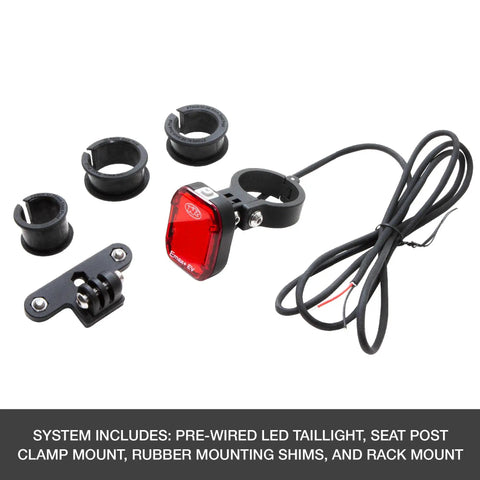 Hardwired 150 Lumen E Bike Taillight With 6 Modes for Class 1 2 3 E Bikes, pre-wired taillight and mounting accessories.