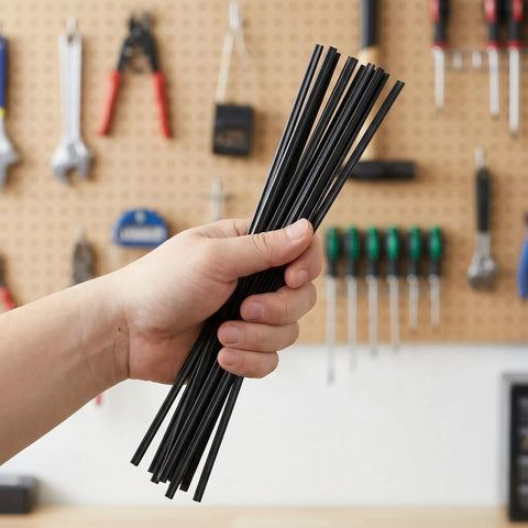 100 Pcs Black Flat Ribbon PP Plastic Welding Rods For Kayak Repair And Car Bumper Auto DIY Kits With Strong Adhesion Easy To Use Plastic Welding Strip Supplies, hand holding rods