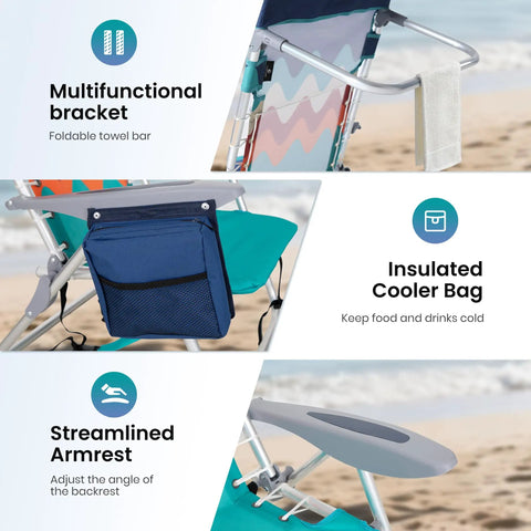 Two Pack Aluminum Folding Beach Chairs With Four Position Recline And Lay Flat Option, Includes Cooler Bag Towel Bar And Armrests